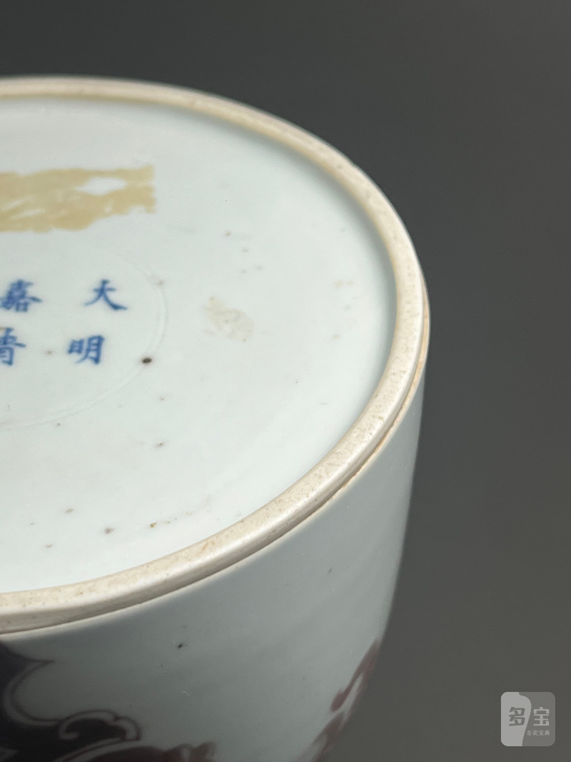 清康熙  青花釉里红夔凤开光花鸟纹双陆尊（附木盒） - 图20